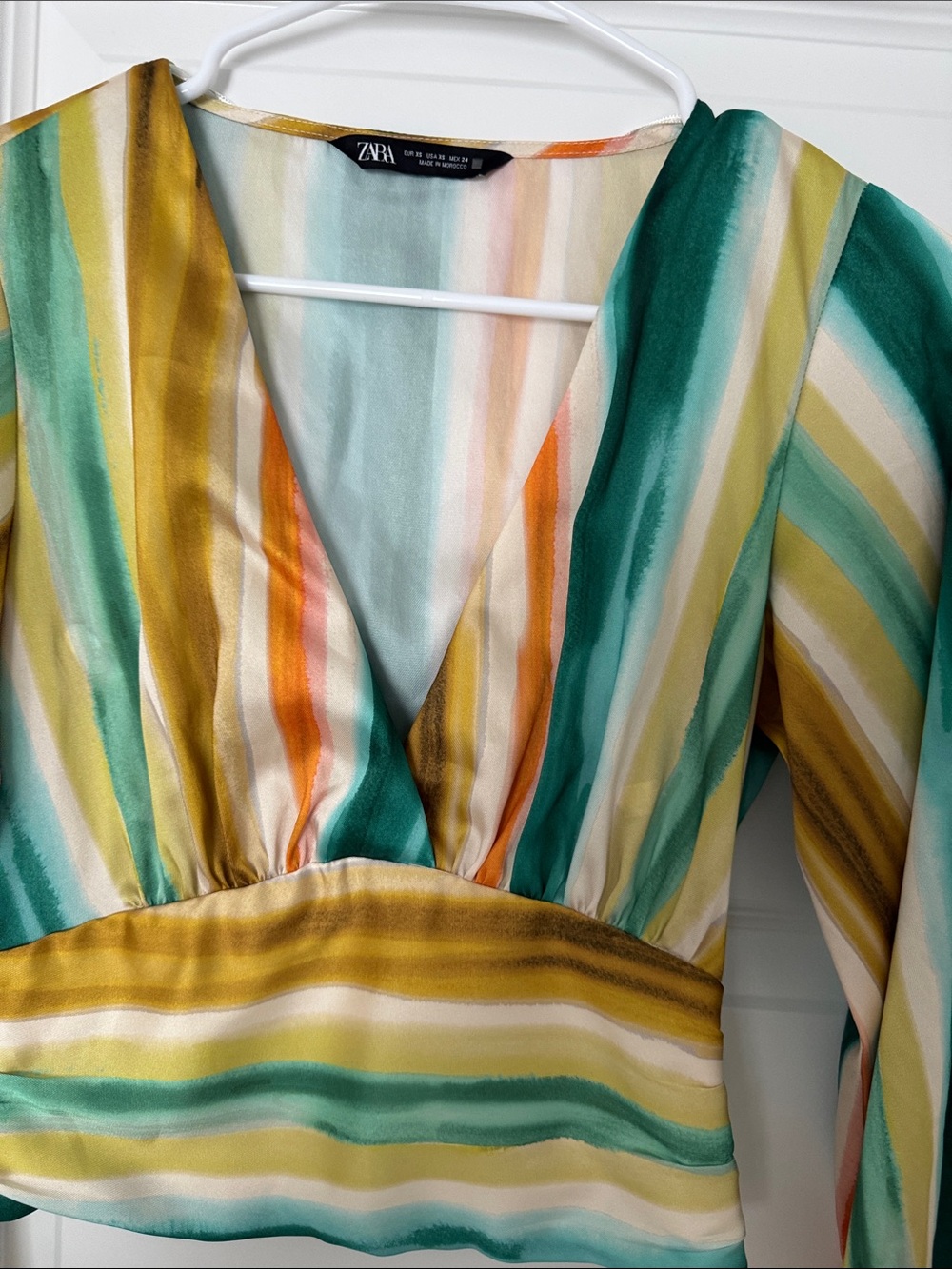 Zara Teal, Mustard & Orange Striped V-Neck Top